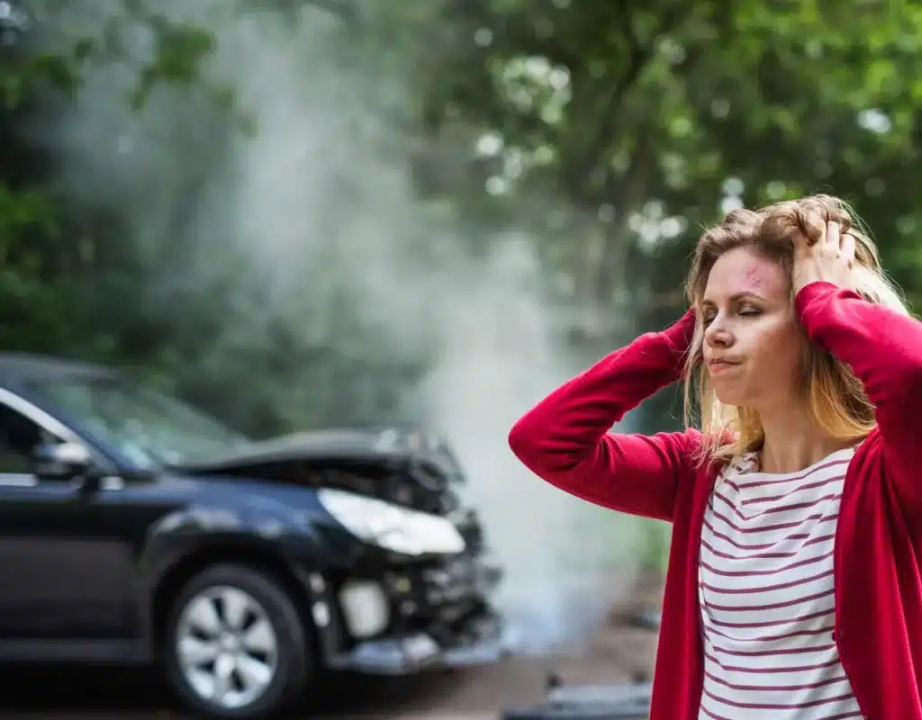 A women wearing a red sweater =, holds her head after an accident.
