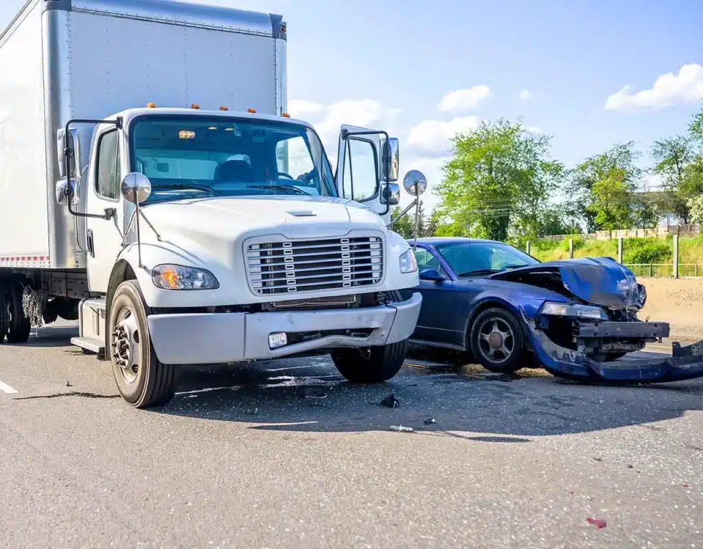 A white cargo truck and passenger vehicle involved in an accident.
