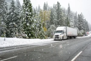 An 18-wheeler truck driving in the snow.