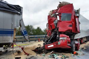 A truck accident scene with a truck crashed on the side of the road.