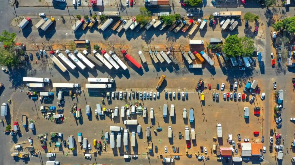 An aerial view of a parking lot.