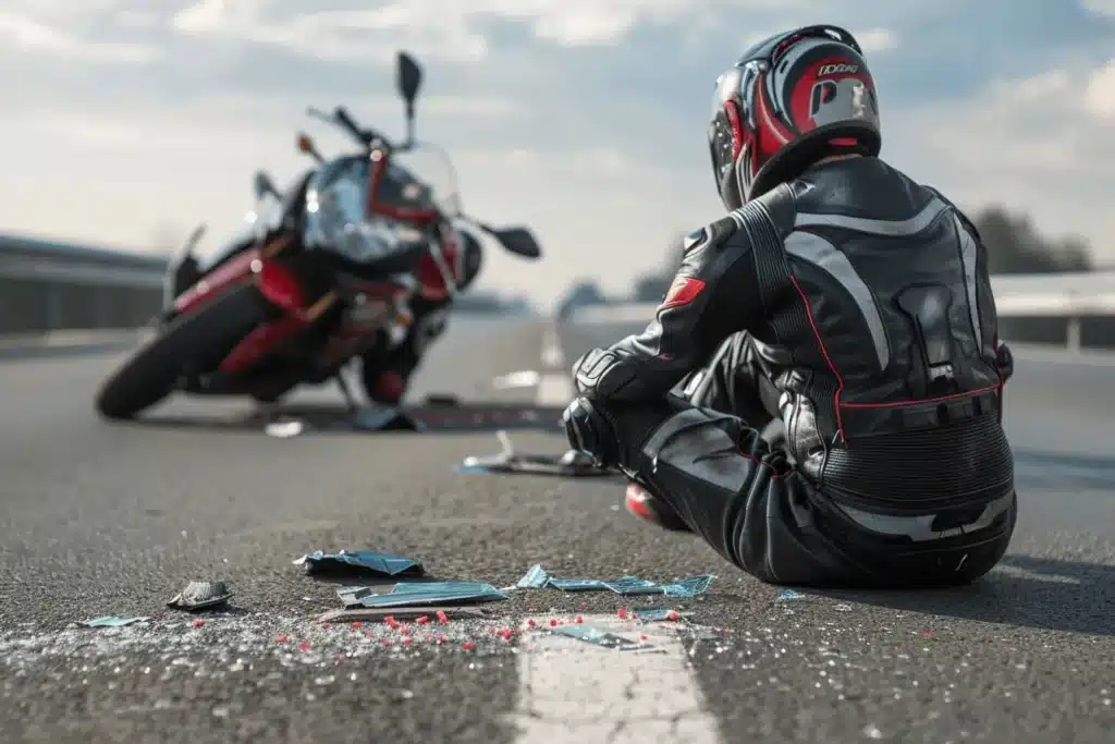 A crashed motorcyclist and bike in the middle of the road.
