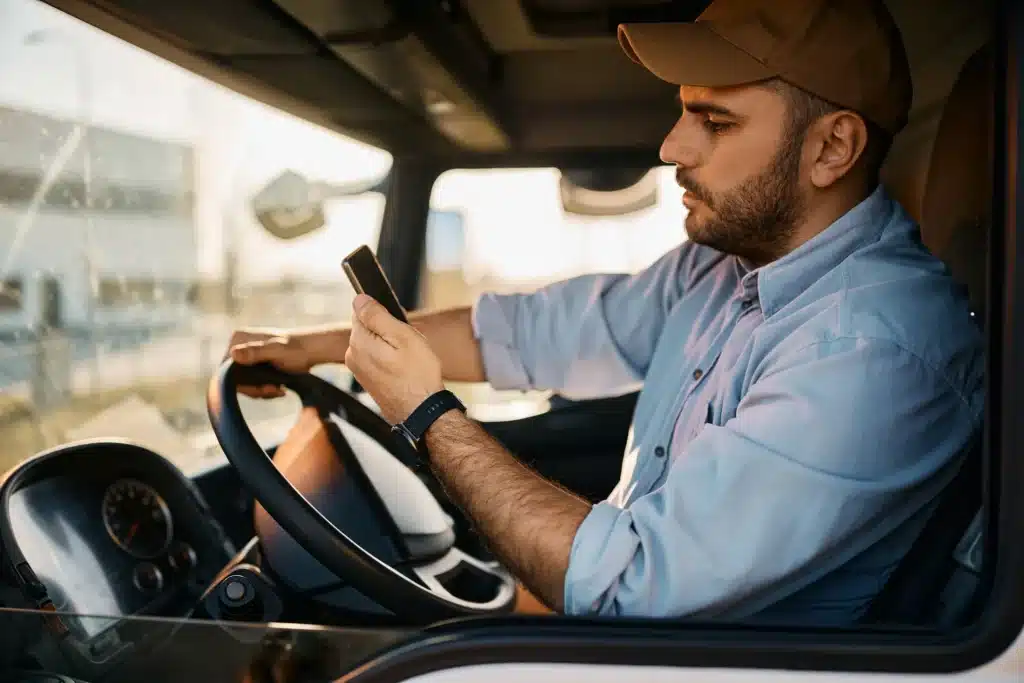 A truck driving interacting with his phone while driving.
