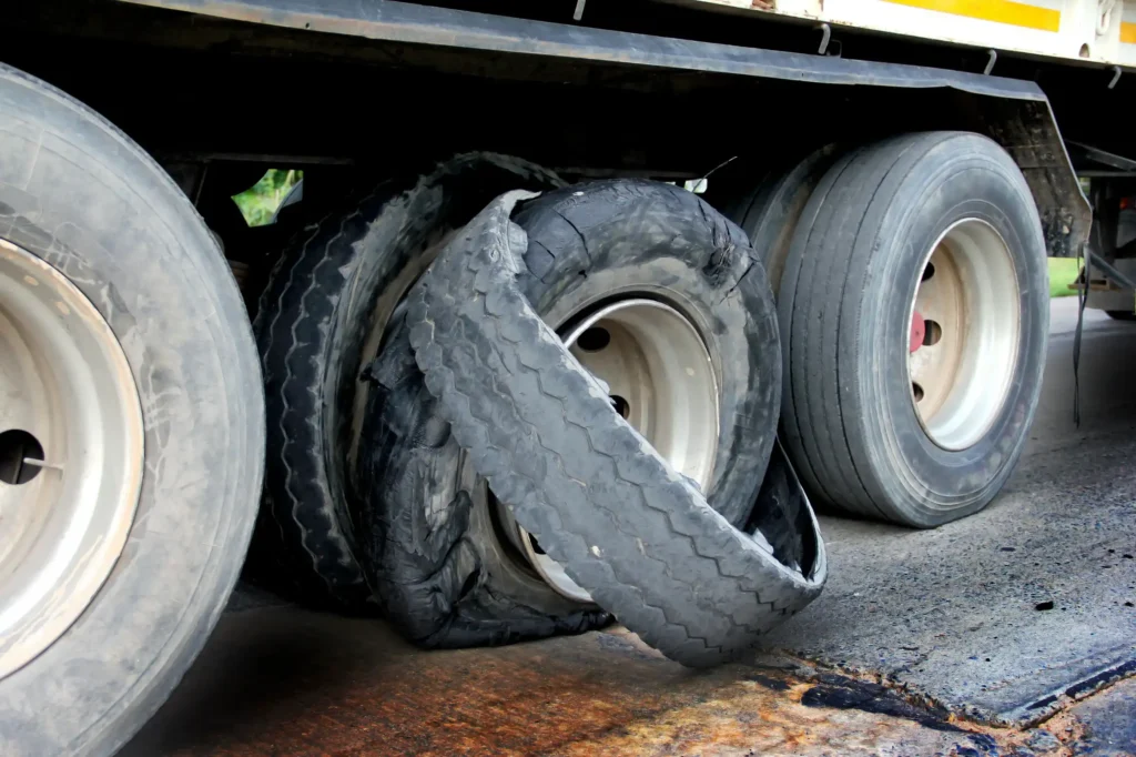 A commercial truck with a tire that is blown out.